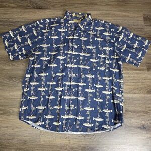Natural Issue Mens XL Button Down Shirt Blue Fishing Trout Wrinkle Free Cotton